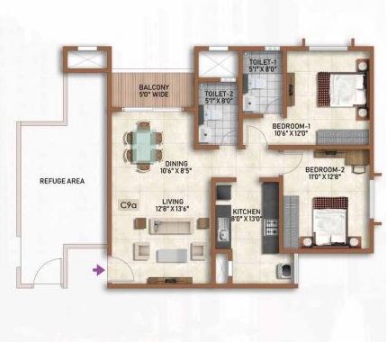 Prestige Finsbury Park 2 BHK Floor Plan