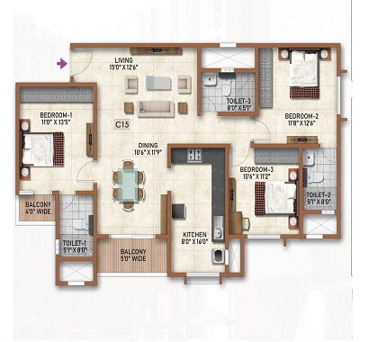 Prestige Finsbury Park 3 BHK Floor Plan